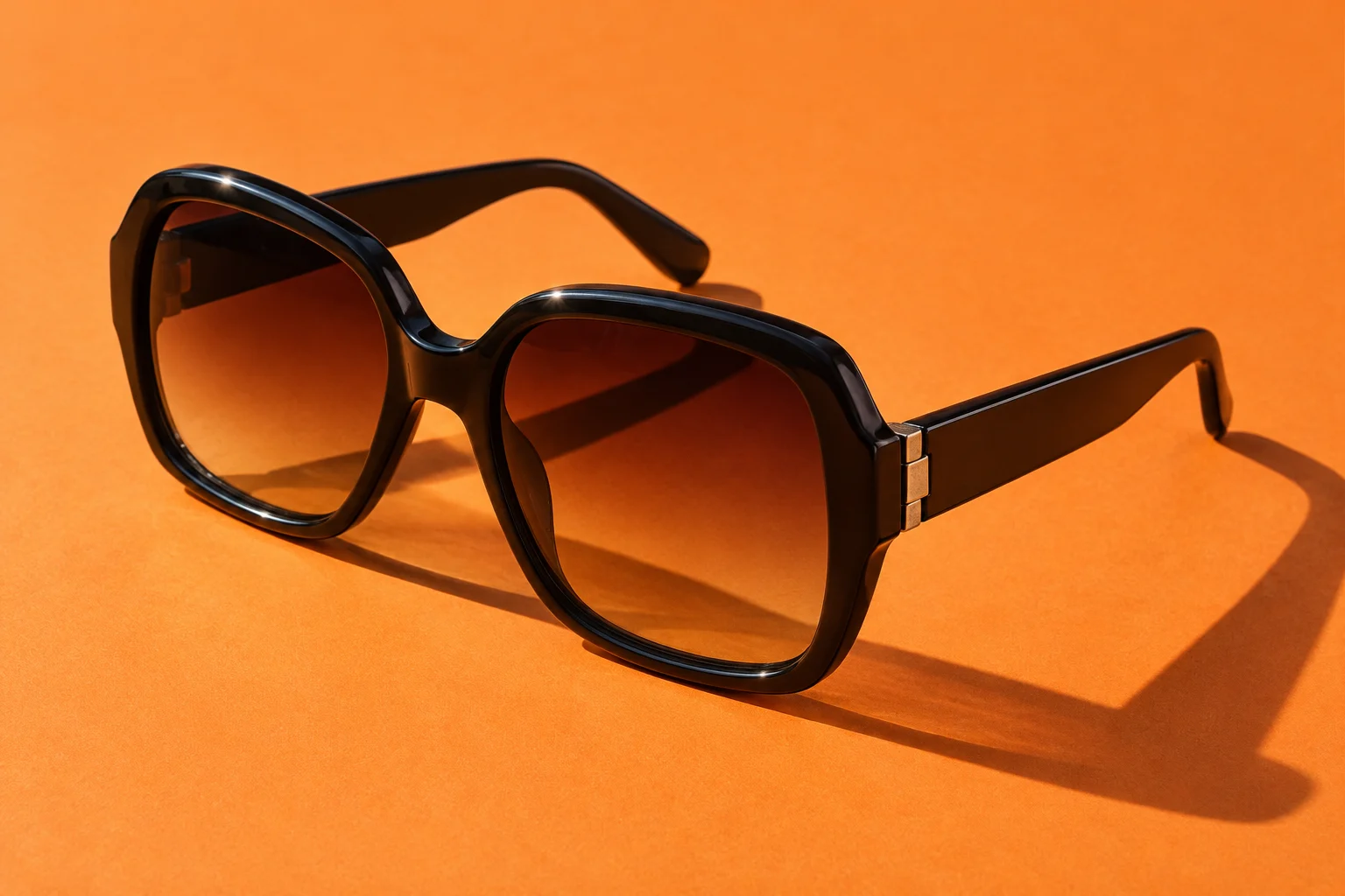 Illustrative schwarze Sonnenbrille mit braunen Verlaufgläsern auf orangefarbenem Grund